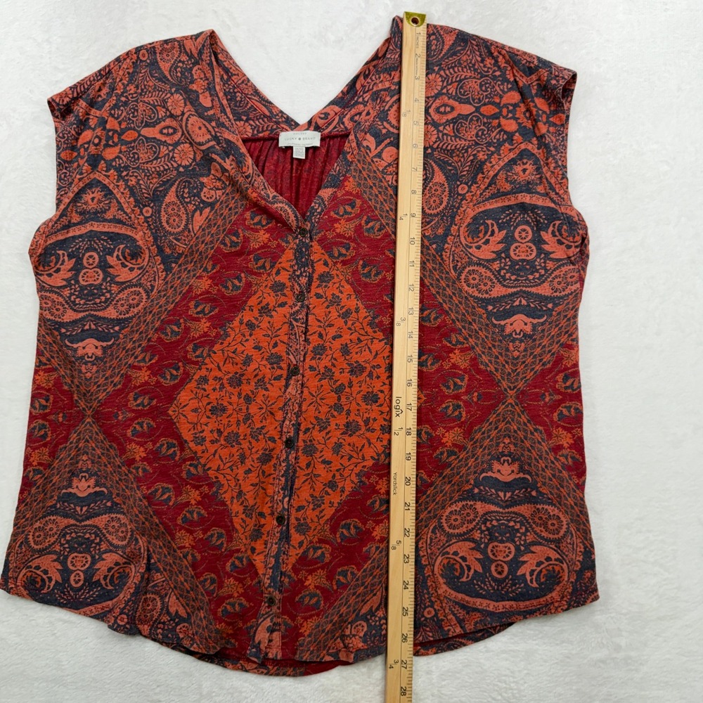 Lucky Brand Plus 1X Boho Top Button Front Cap Sleeve Paisley Medallion Peasant - Picture 10 of 12